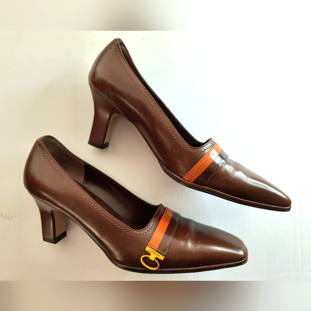 A. Testoni brown heels w/ cap buckle